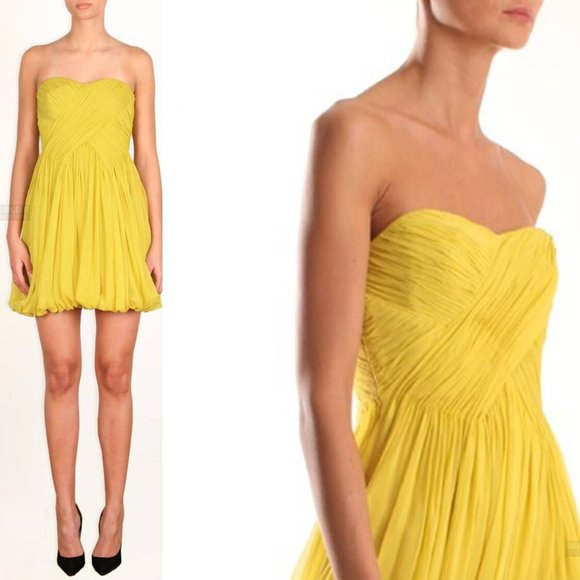 TIBI Pleated Silk Strapless Mini Cocktail Dress lime citron 6 - Picture 1 of 2